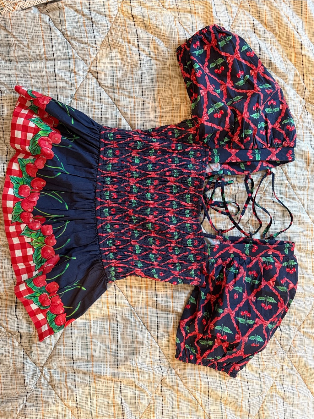 Damson Madder Navy Cherry Print Puff Sleeve Smocked Top size US 6